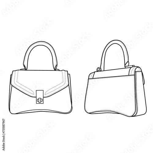Top handle bag, women's bag vector illustration flat outline template. Front, and back view. Vector illustration of top handle bag icon line isolated on a white background