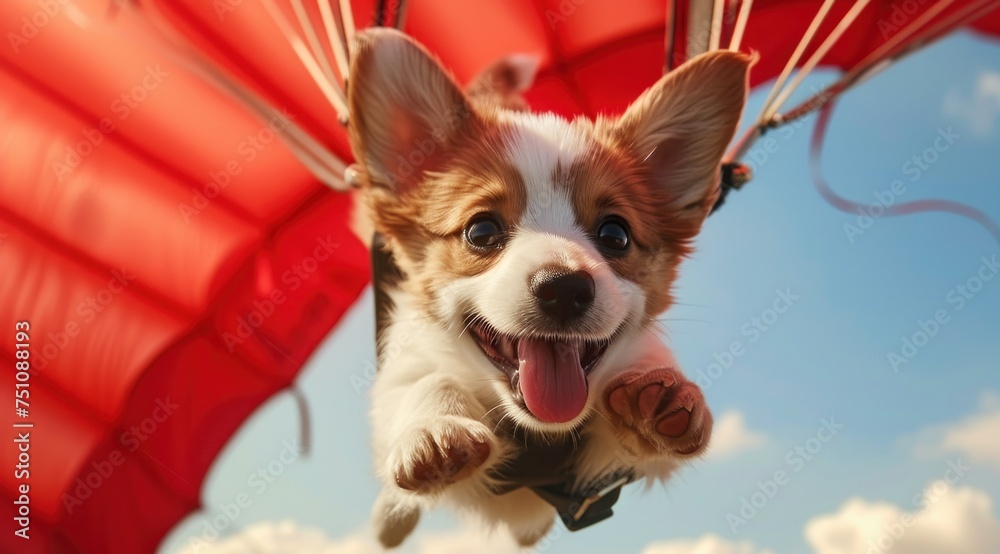Un adorable chien de race chihuahua sautant en parachute. Un adorable chien de race chihuahua sautant en parachute.