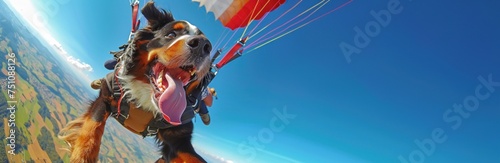 Un chien de race bouvier bernois sautant en parachute, image avec espace pour texte. photo
