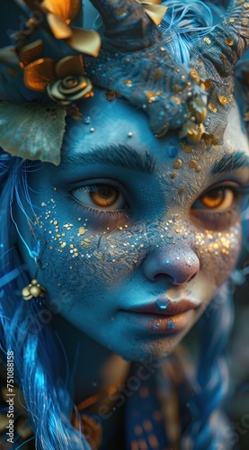 Le portrait d'un personnage imaginaire féminin avec la peau bleue. © David Giraud