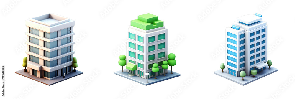 A vibrant 3D icon set featuring modern buildings with greenery, perfect for urban design projects or illustrating city life. A vibrant 3D icon set featuring modern buildings with greenery, perfect for urban design projects or illustrating city life.