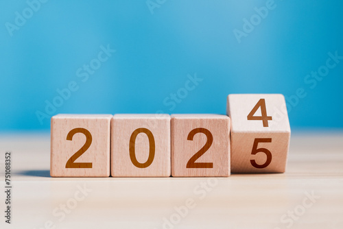 2025 growth business. wooden block with 2024 change to 2025, Set up objective target business cost and budget planning for new year concept