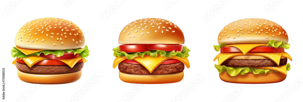 A vibrant 3D icon set of delicious burgers with a transparent background, perfect for food-related themes and events. A vibrant 3D icon set of delicious burgers with a transparent background, perfect for food-related themes and events.