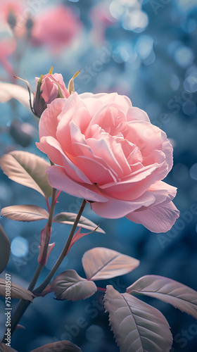 Close-up of a pink rose on blue background, Generative AI