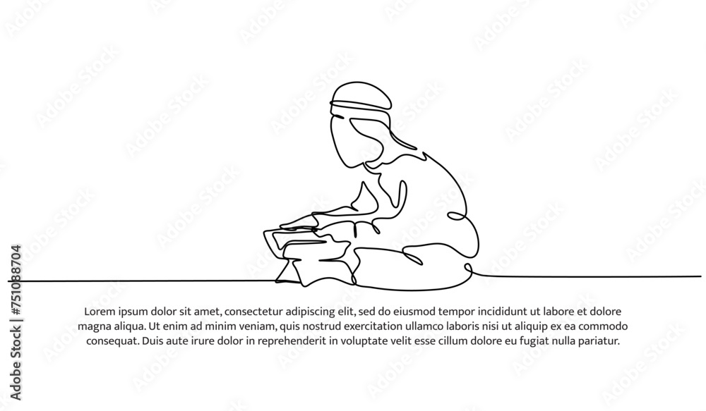 Vector illustration of of a little boy reading the Al-Qur'an. Modern flat in continuous line style