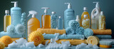 Cleaning products and home cleaning products. Everything needed for cleaning is neatly arranged.