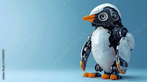 3D Illustration of Robot Penguin on Abstract Blue Background © vanilnilnilla