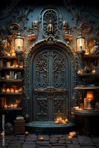 Old wooden door with candlestick and candles. 3d rendering © Iman