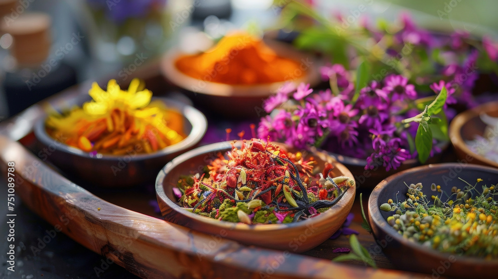 A closeup shot of a wooden tray filled with vibrant es and herbs used in Ayurvedic cooking symbolizing the importance of balance in both physical and mental nourishment.