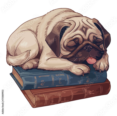 cute pug sleeps next to some books.