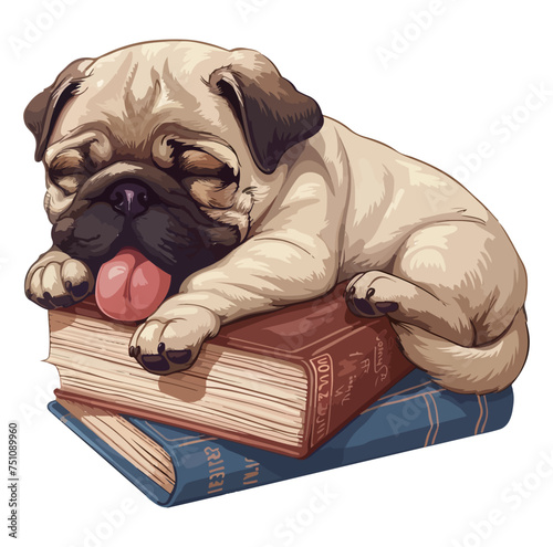 cute pug sleeps next to some books.