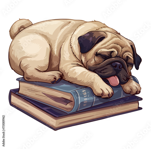 cute pug sleeps next to some books.