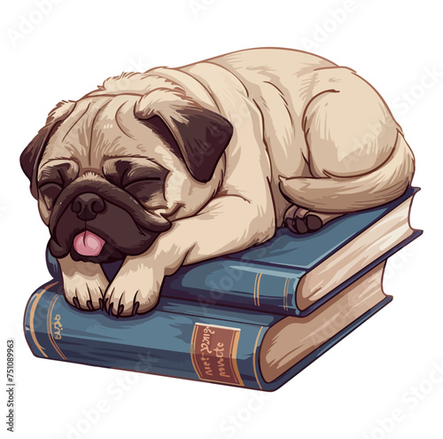 cute pug sleeps next to some books.