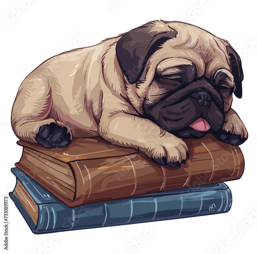 cute pug sleeps next to some books.