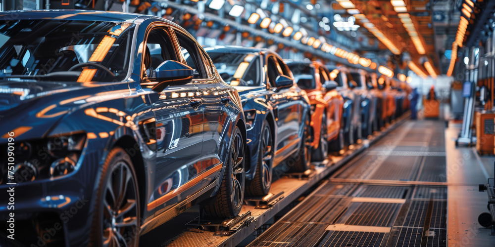 cars being worked on inside a factory plant,automatic Mass production assembly line of modern cars