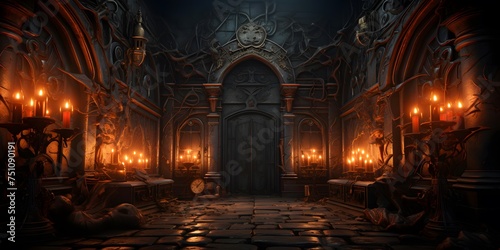 3d render of fantasy medieval castle interior with lighted candles.