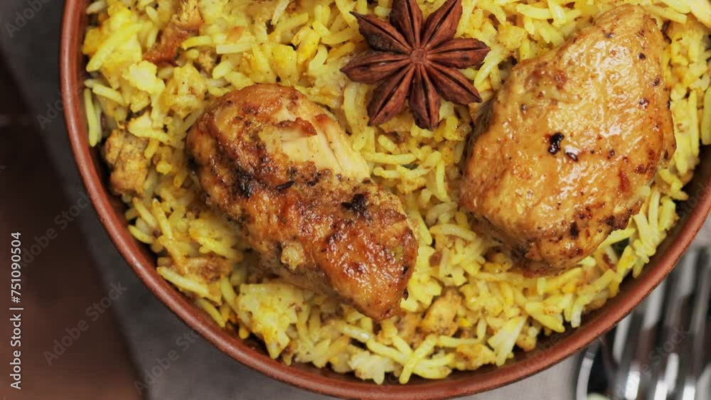 Chicken Biryani with Spices and Lemon in Clay Bowl, Popular Indian and Pakistani Food, Tilt Up Camera Movement Chicken Biryani with Spices and Lemon in Clay Bowl, Popular Indian and Pakistani Food, Tilt Up Camera Movement