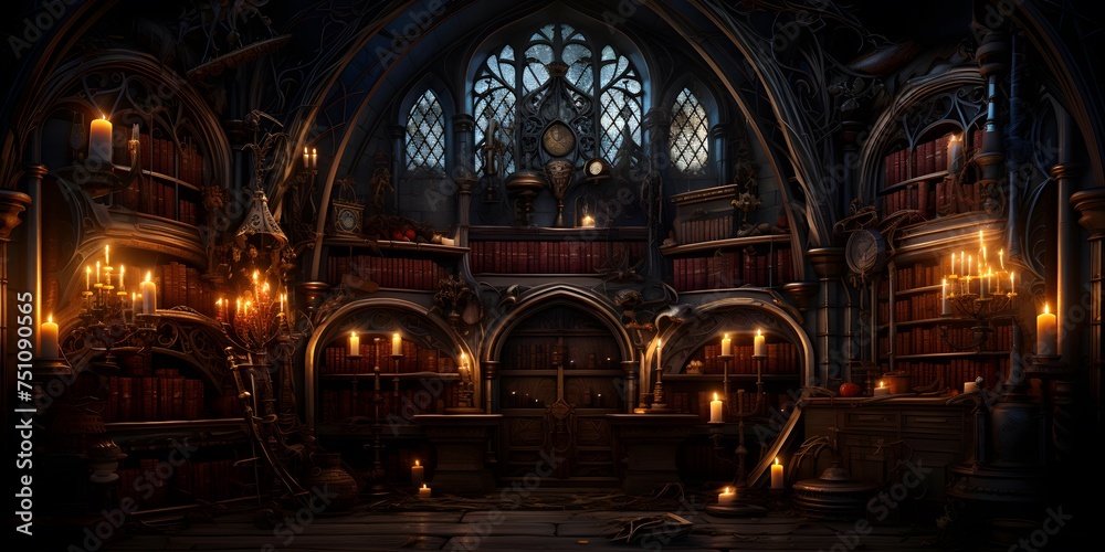 3d rendering of an old gothic church with a lot of candles