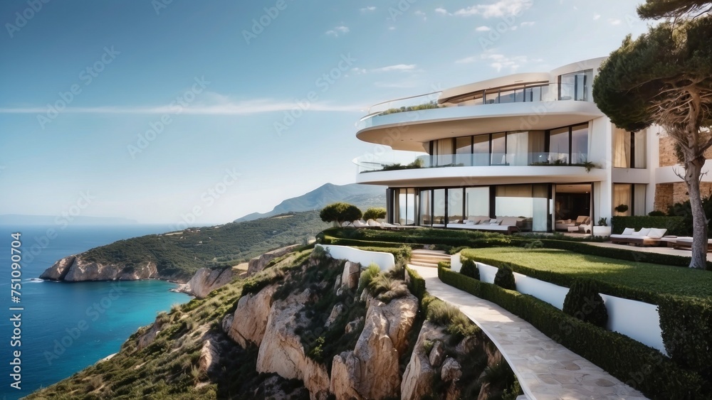Obraz premium Describe the breathtaking view as you approach the modern villa, surrounded by lush Italian landscapes and the glittering Mediterranean in the distance