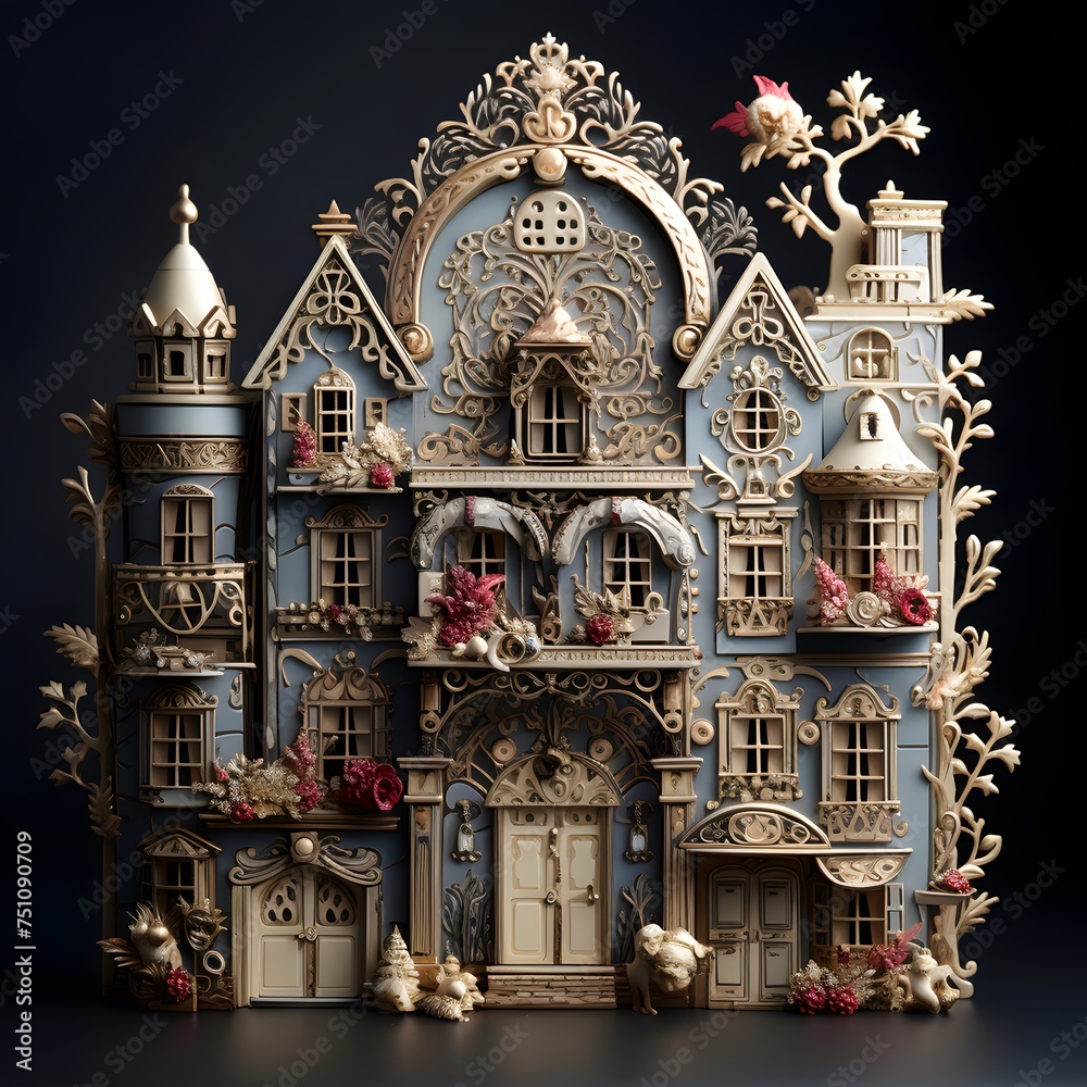 Christmas and New Year's toy house made of metal on a dark background