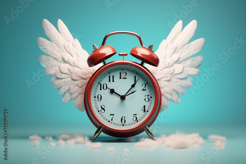 antique alarm clock with angel wings on blue background