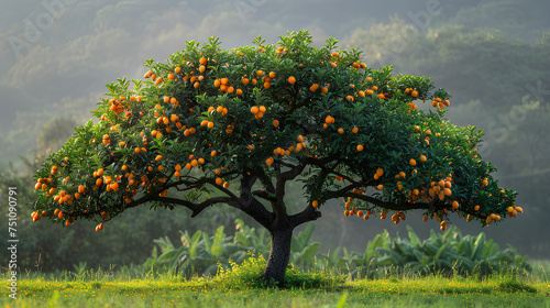 Fully grown mango tree laden with ripe fruits during a picturesque morning in a lush orchard.