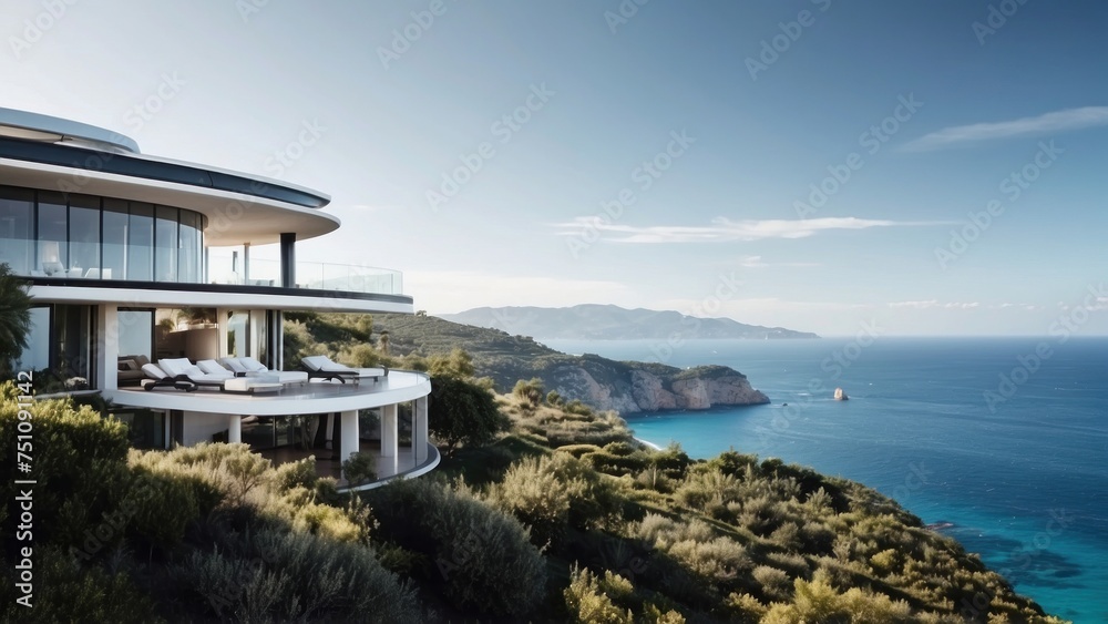 Describe the breathtaking view as you approach the modern villa, surrounded by lush Italian landscapes and the glittering Mediterranean in the distance