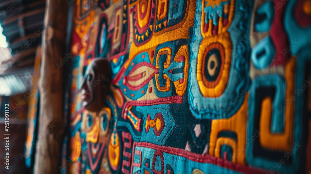 On the walls intricately woven tapestries depicting scenes from ancient shamanic rituals. The vibrant colors and symbols add to the mystical atmosphere.
