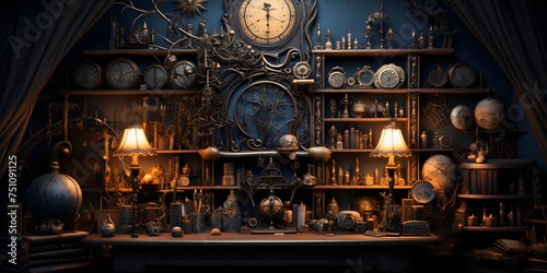Vintage room interior with a clock, bookshelf and candlestick