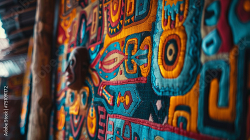 On the walls intricately woven tapestries depicting scenes from ancient shamanic rituals. The vibrant colors and symbols add to the mystical atmosphere.