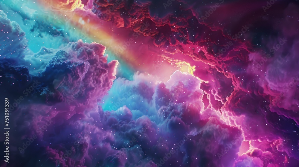 Vibrant cosmic clouds with a rainbow, depicting a surreal, colorful nebula in outer space. - obrazy, fototapety, plakaty 