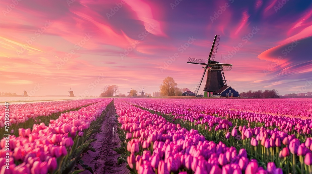 Dutch windmill at sunset with vibrant tulip field in the foreground.