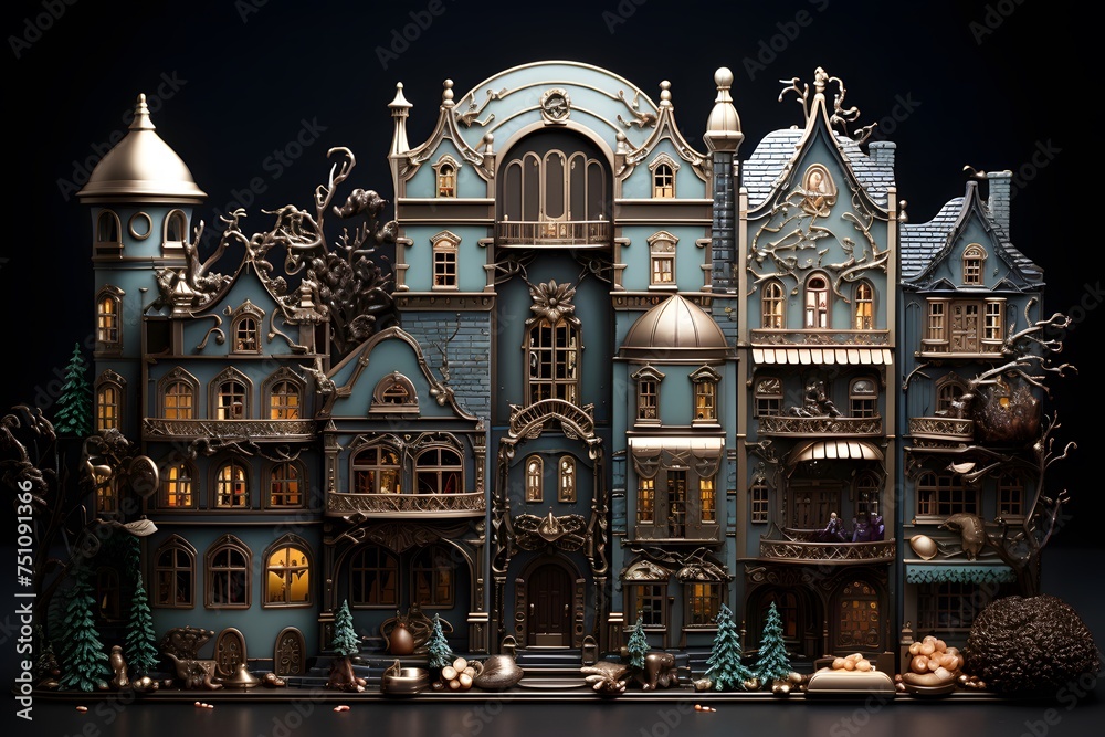 3d illustration of a christmas town on a dark background.