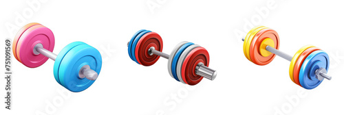 set of 3d weightlifting barbell icon isolated on transparent background