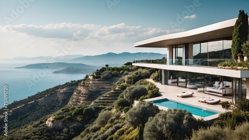 Describe the breathtaking view as you approach the modern villa, surrounded by lush Italian landscapes and the glittering Mediterranean in the distance © Damian Sobczyk