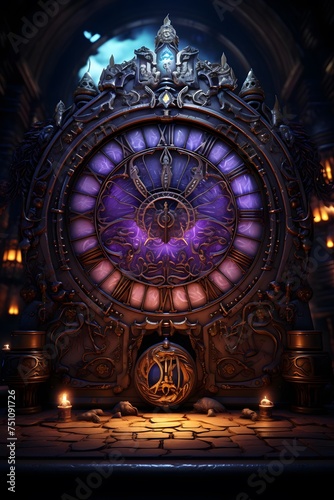 3D rendering of a fantasy scene in the dark with an ancient clock
