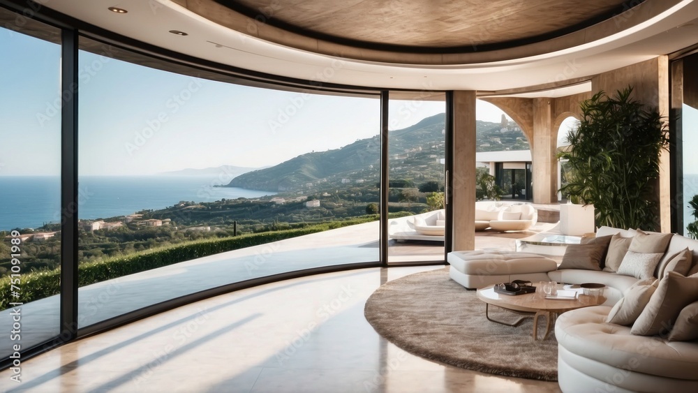 Fototapeta premium Describe the breathtaking view as you approach the modern villa, surrounded by lush Italian landscapes and the glittering Mediterranean in the distance