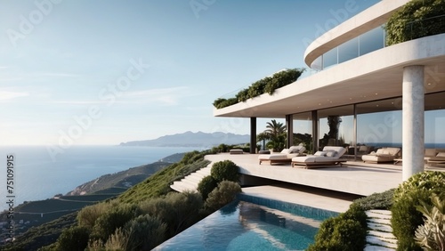 Describe the breathtaking view as you approach the modern villa  surrounded by lush Italian landscapes and the glittering Mediterranean in the distance