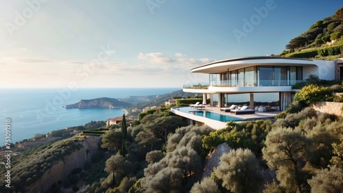 Describe the breathtaking view as you approach the modern villa, surrounded by lush Italian landscapes and the glittering Mediterranean in the distance © Damian Sobczyk