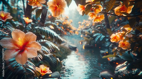 wide angle shot, in the jungle, stream running through, detailed, editorial photography, phosphorescent flowers, ethereal glow through the treetops; neoncore, cinematic photo