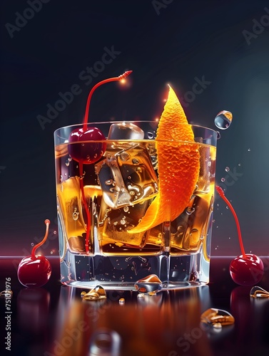 A detailed and realistic of a cocktail in a glass with fruit on top exuding indulgence and temptation for social occasions photo