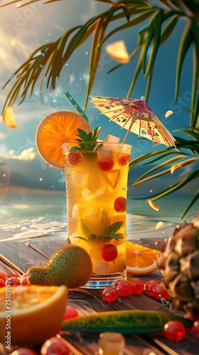 A photorealistic of a tropical drink with several fruits on top of table top sitting on a wooden table at sunset complete with an umbrella for that added touch of vacation relaxation