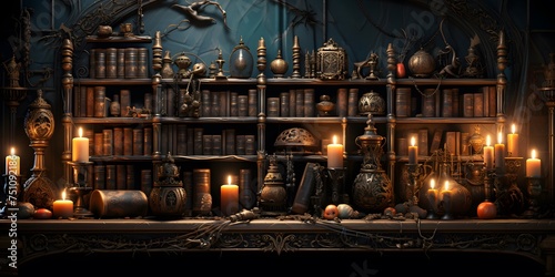 Old bookshelf with candlesticks and candles. Halloween background