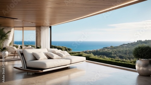 Describe the breathtaking view as you approach the modern villa, surrounded by lush Italian landscapes and the glittering Mediterranean in the distance