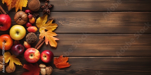 Thanksgiving background. Top view rustic wood table decor from apple and pumpkin pie  cinnamon  leaves. Autumn and fall background. Holiday food.