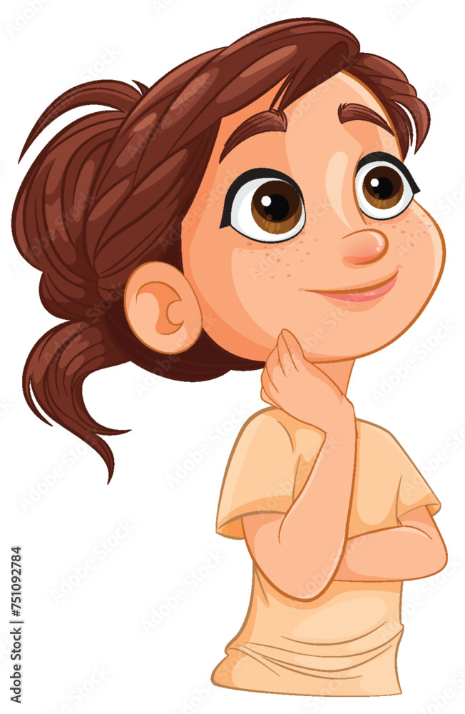 Cartoon girl thinking with a hand on her chin Cartoon girl thinking with a hand on her chin