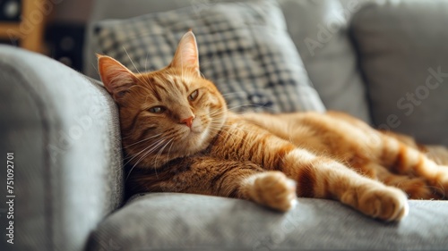 A cute cat peacefully sleeps on a gray armchair in the cozy ambiance of the living room. © wpw