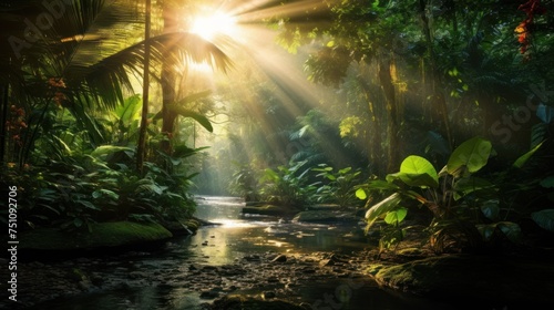 morning sun shines through the lush rainforest. Reflects the beauty of nature like a painting. © venusvi