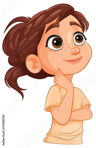 Cartoon girl thinking with a hand on her chin