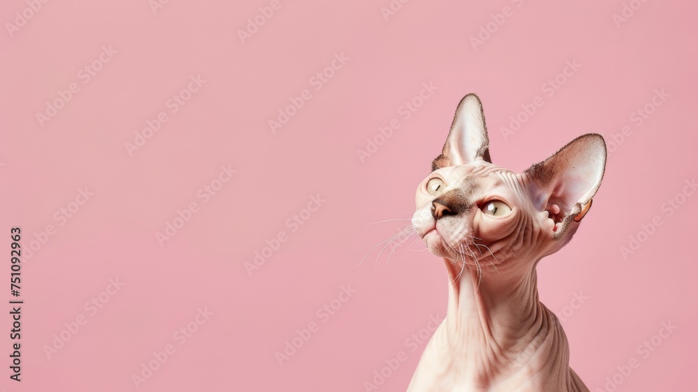 A Sphynx cat, a hairless breed known for its wrinkled skin and large ears, isolated against a pink background.